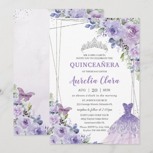 Quinceañera Paars Floral Gown Dress Silver Tiara Kaart (Voorkant / Achterkant)