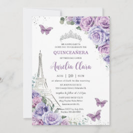 Quinceañera Paars Floral Paris Eiffel Butterflies Kaart