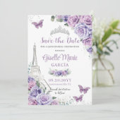 Quinceañera Paars Floral Paris Eiffel Butterflies Save The Date (Staand voorkant)