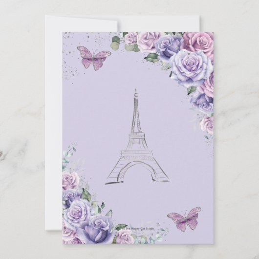 Quinceañera Paars Floral Paris Eiffel Butterflies Save The Date (Achterkant)
