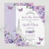 Quinceañera Paars Floral Paris Eiffel Butterflies Save The Date (Voorkant / Achterkant)