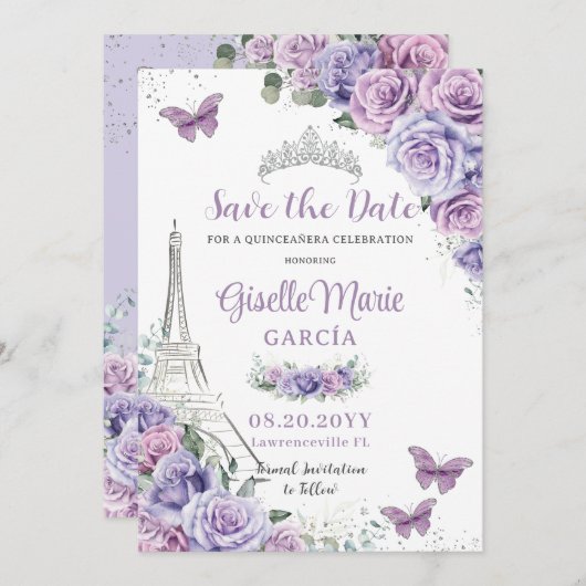 Quinceañera Paars Floral Paris Eiffel Butterflies Save The Date (Voorkant / Achterkant)
