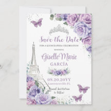 Quinceañera Paars Floral Paris Eiffel Butterflies
