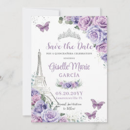 Quinceañera Paars Floral Paris Eiffel Butterflies Save The Date