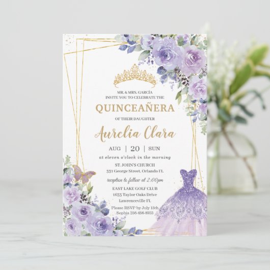 Quinceañera Paars Floral Princess Gown Tiara Kaart (Staand voorkant)