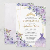 Quinceañera Paars Floral Princess Gown Tiara Kaart (Voorkant / Achterkant)