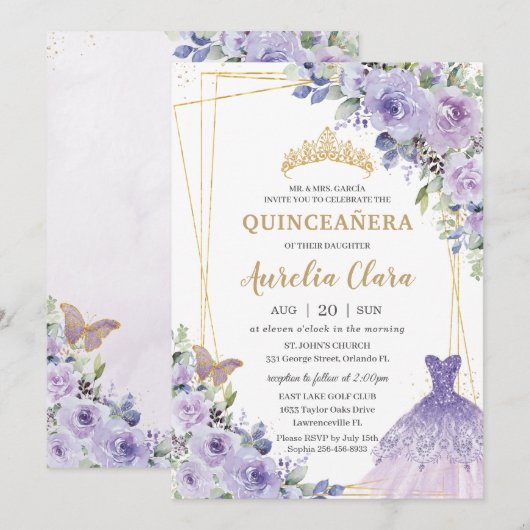 Quinceañera Paars Floral Princess Gown Tiara Kaart (Voorkant / Achterkant)