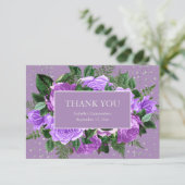 Quinceañera Paars Floral Silver Glitter Dank u Bedankkaart (Staand voorkant)