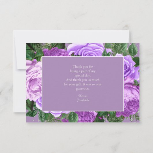 Quinceañera Paars Floral Silver Glitter Dank u Bedankkaart (Achterkant)