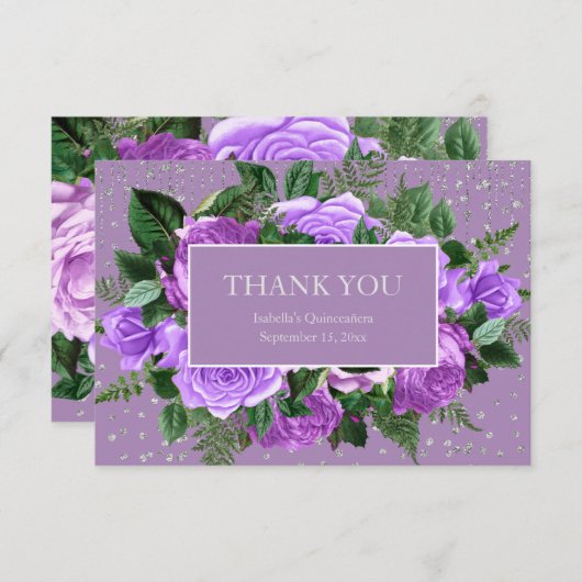 Quinceañera Paars Floral Silver Glitter Dank u Bedankkaart (Voorkant / Achterkant)