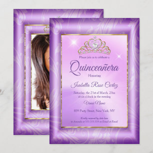 Quinceanera Paars foto Gouden Tiara feest Kaart