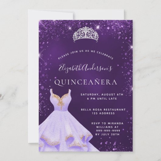 Quinceanera paars glitter-stofkleed tiara kaart (Voorkant)