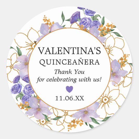 Quinceanera Paars Gold Floral Favor Ronde Sticker (Voorkant)
