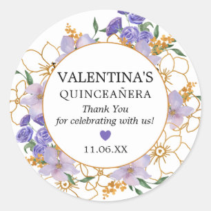 Quinceanera Paars Gold Floral Favor Ronde Sticker