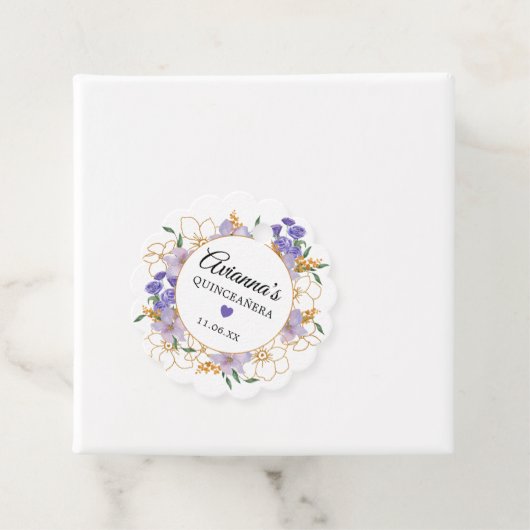 Quinceanera Paars Gold Floral Party Bedankjes Labels (In situ)