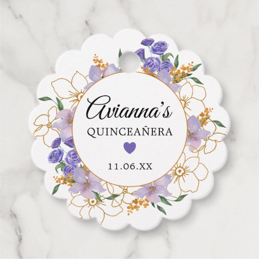 Quinceanera Paars Gold Floral Party Bedankjes Labels (Voorkant)