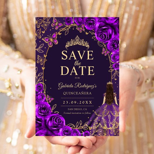 Quinceanera Paars Goud Save The Date