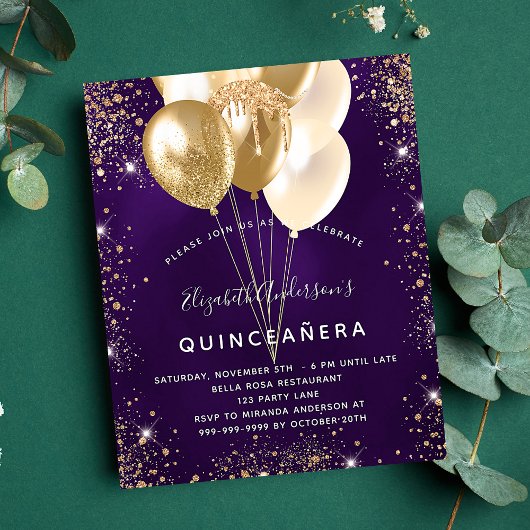 Quinceanera paars goudballon flyer