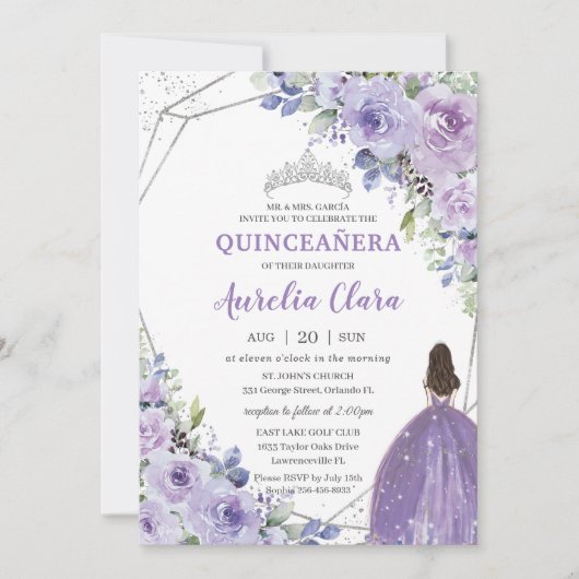 Quinceañera Paars Lavender Floral Silver Princess Kaart (Voorkant)