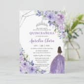 Quinceañera Paars Lavender Floral Silver Princess Kaart (Staand voorkant)