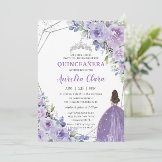 Quinceañera Paars Lavender Floral Silver Princess Kaart (Staand voorkant)