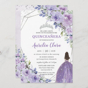 Quinceañera Paars Lavender Floral Silver Princess Kaart