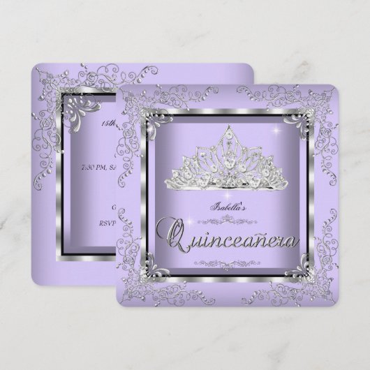 Quinceanera Paars Lavender Silver Diamond Tiara 3 Kaart (Voorkant / Achterkant)
