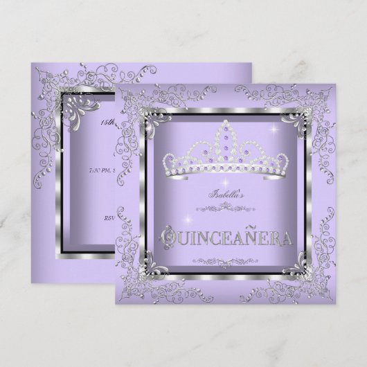 Quinceanera Paars Lavender Silver Diamond Tiara 4 Kaart (Voorkant / Achterkant)