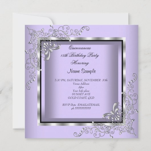 Quinceanera Paars Lavender Silver Diamond Tiara 4 Kaart (Achterkant)