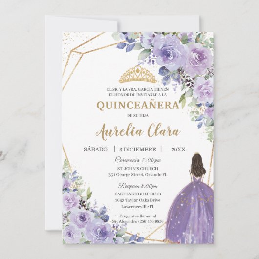 Quinceañera Paars Lila Floral Princess Spaans Kaart (Voorkant)