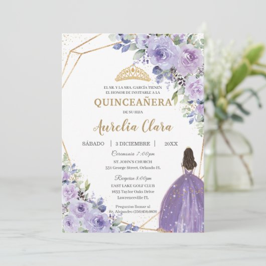 Quinceañera Paars Lila Floral Princess Spaans Kaart (Staand voorkant)