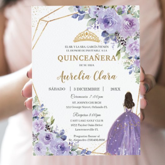 Quinceañera Paars Lila Floral Princess Spaans Kaart
