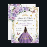 Quinceañera Paars Lila Roos Floral Gold Princess Aankondigingskaart<br><div class="desc">Personaliseer deze mooie quinceañera bewaar het datum briefkaart met uw eigen formulering gemakkelijk en snel,  druk op de knop aanpassen om de stijl en plaatsing van de tekst verder te herschikken en op te maken. Overeenkomende objecten beschikbaar in de winkel! c) The Happy Cat Studio</div>