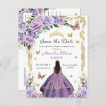 Quinceañera Paars Lila Roos Floral Gold Princess Aankondigingskaart<br><div class="desc">Personaliseer deze mooie quinceañera bewaar het datum briefkaart met uw eigen formulering gemakkelijk en snel,  druk op de knop aanpassen om de stijl en plaatsing van de tekst verder te herschikken en op te maken. Overeenkomende objecten beschikbaar in de winkel! c) The Happy Cat Studio</div>