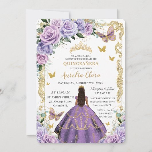 Quinceañera Paars Lila Roos Floral Gold Princess Kaart (Voorkant)