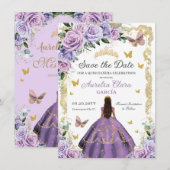 Quinceañera Paars Lila Roos Floral Gold Princess Save The Date (Voorkant / Achterkant)