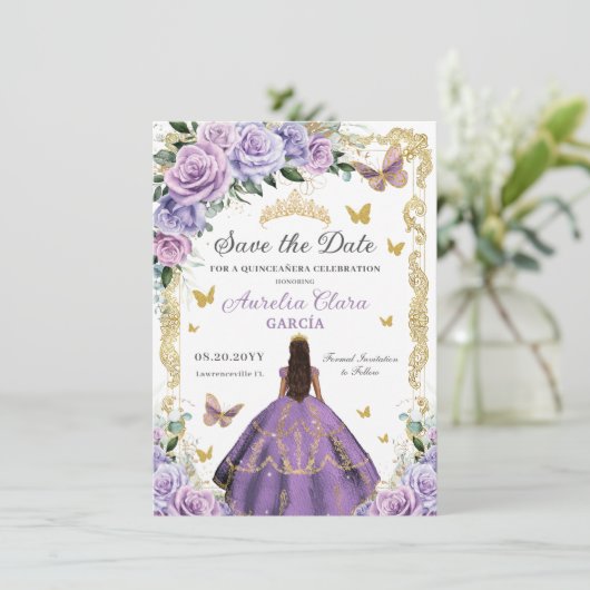Quinceañera Paars Lila Roos Floral Gold Princess Save The Date (Staand voorkant)