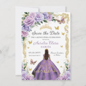 Quinceañera Paars Lila Roos Floral Gold Princess Save The Date (Voorkant)