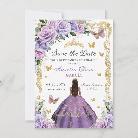 Quinceañera Paars Lila Roos Floral Gold Princess Save The Date (Voorkant)