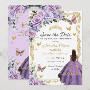 Quinceañera Paars Lila Roos Floral Gold Princess Save The Date