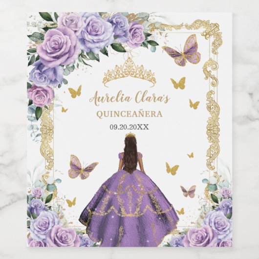 Quinceañera Paars Lila Roos Floral Gold Princess Wijn Etiket (Enkel label)