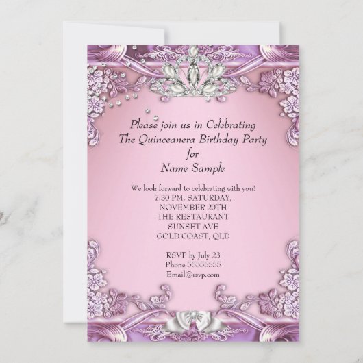 Quinceanera Paars Pink 15e verjaardag Kaart (Achterkant)