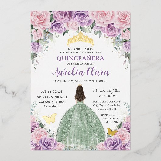 Quinceañera Paars Roze Bloemige Saliegroene Jurk Folie Uitnodiging (Voorkant)