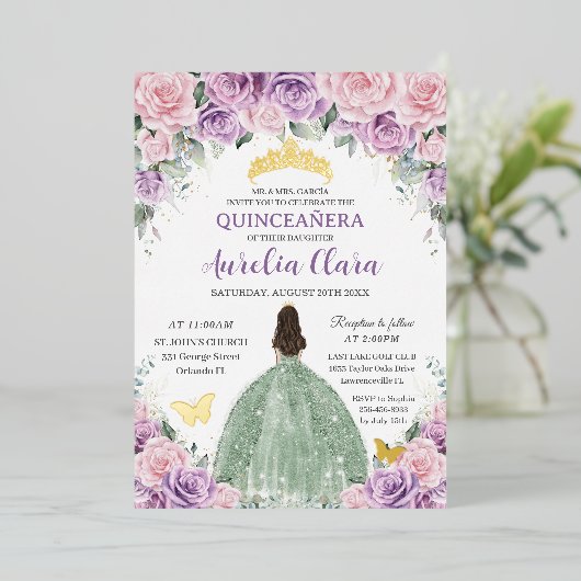 Quinceañera Paars Roze Bloemige Saliegroene Jurk Folie Uitnodiging (Staand Voorkant)