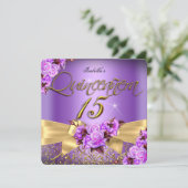 Quinceanera Paars roze Rose Birthday Gold Bow Kaart (Staand voorkant)