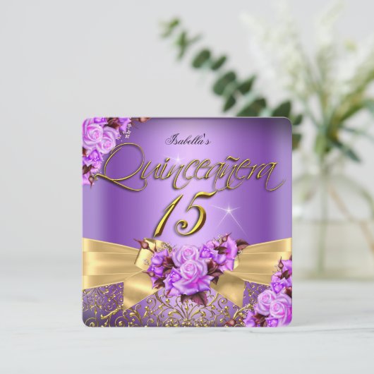 Quinceanera Paars roze Rose Birthday Gold Bow Kaart (Staand voorkant)