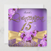 Quinceanera Paars roze Rose Birthday Gold Bow Kaart (Voorkant)