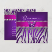 Quinceanera Paars roze Zebra Silver Butterfly Kaart (Voorkant / Achterkant)
