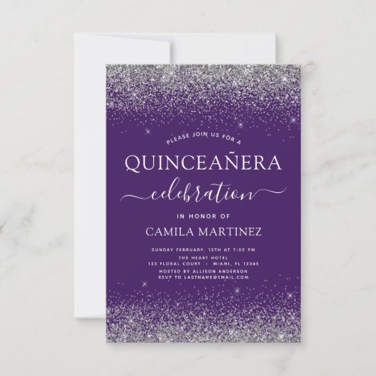 Quinceanera Paars Silver Modern Glitter Kaart (Voorkant)