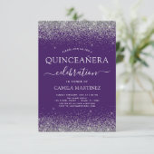Quinceanera Paars Silver Modern Glitter Kaart (Staand voorkant)